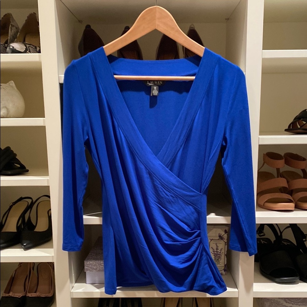 NEW! LAUREN Ralph Lauren Faux Blue Wrap Top.  Size S.